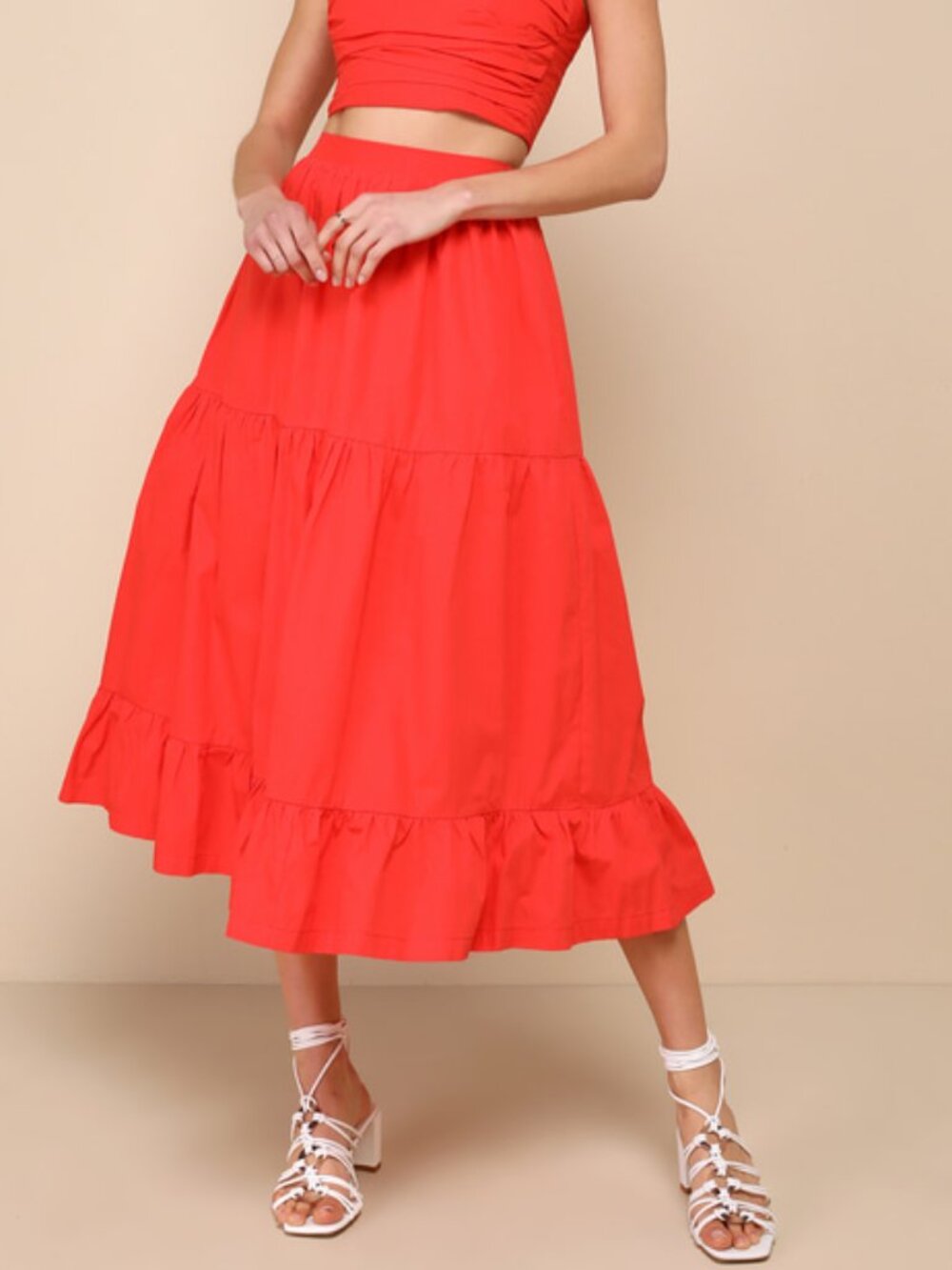 Lulus Daytime Perfection Red Cotton Tiered Midi Skirt - Size M